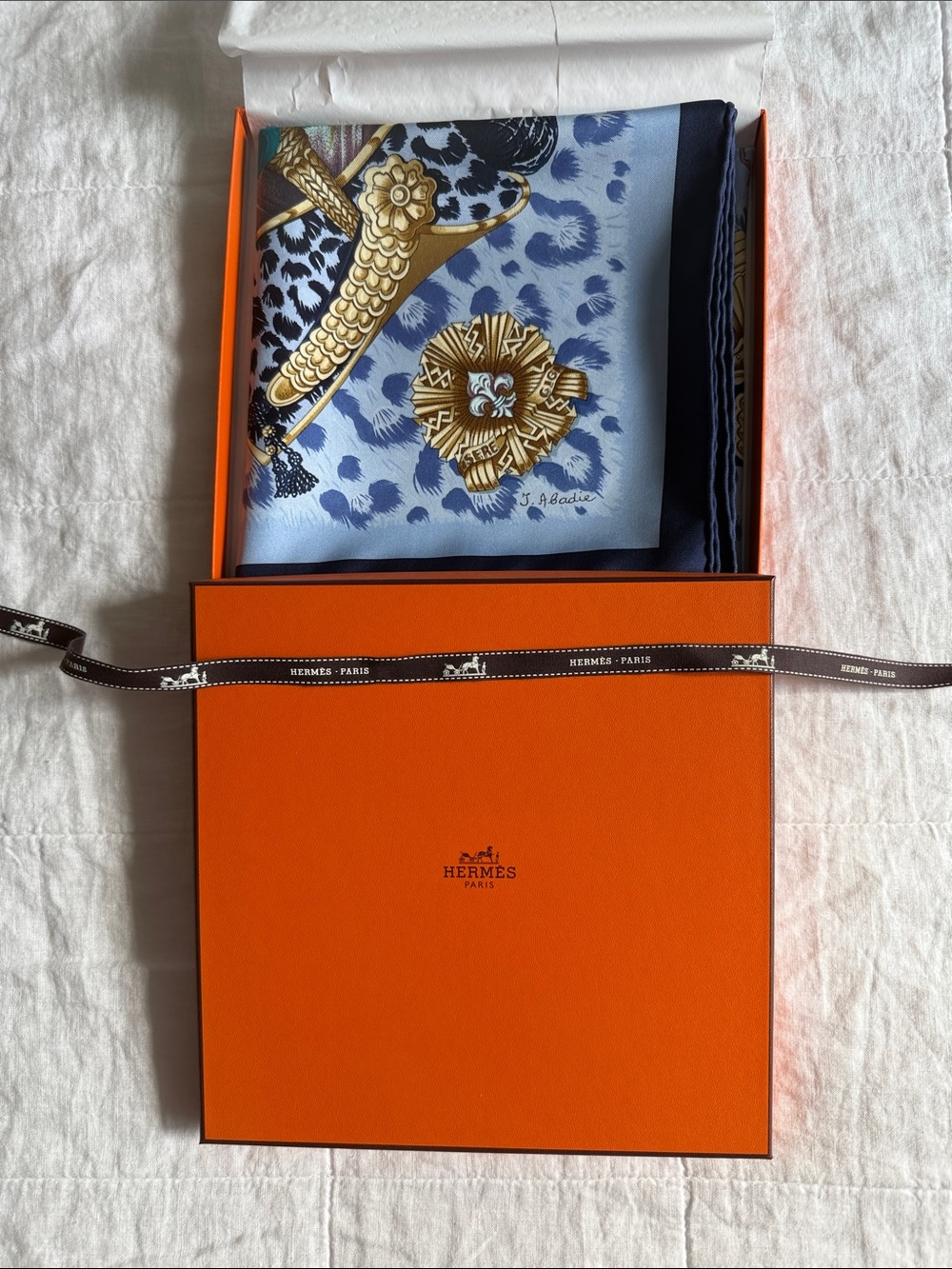 HERMES Silk Scarf in Blue & Teal with Baroque Equine Motif - - Picture 8 of 8